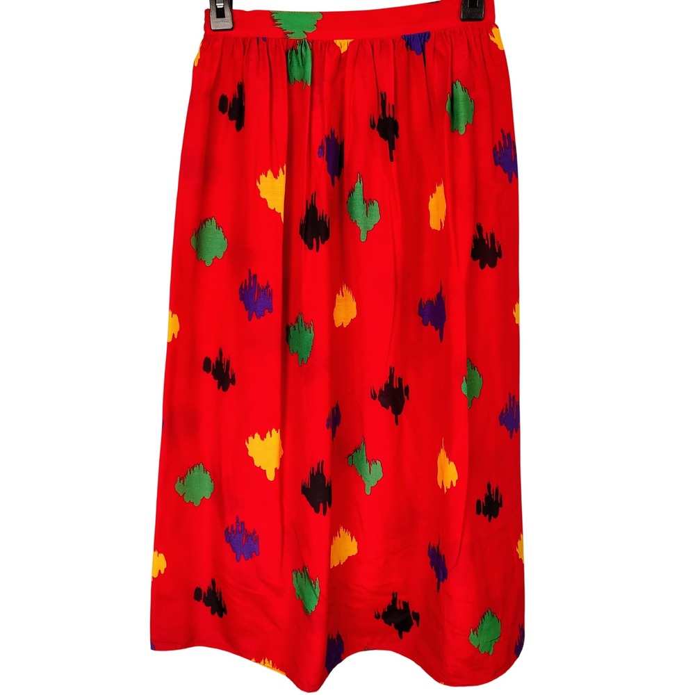 Vintage VJH Red Abstract Splatter Print Midi Skirt Elastic Waist Medium USA Made